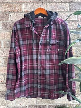 Men's Vans Hooded Plaid Flannel Shirt Jacket — Burgundy Gray XL